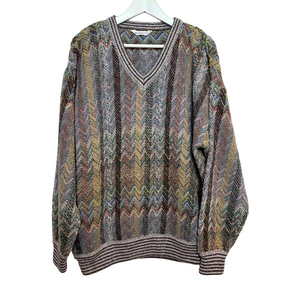 Vintage Other - Vintage 90s Casalana Grandpa Sweater Chunky Knit Rainbow Chevron V Neck Medium